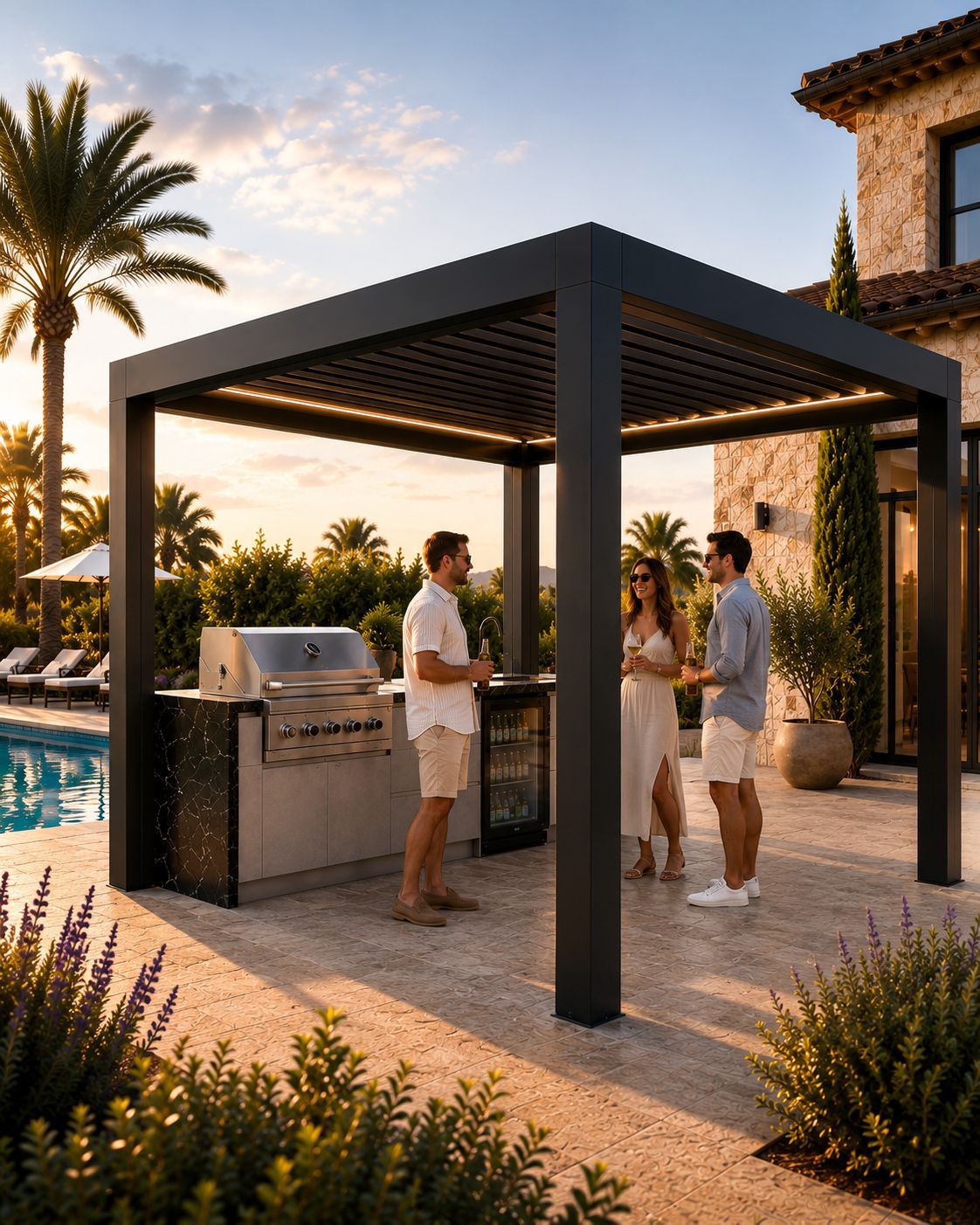 The Aristo Chef Combination - pergola and integrated kitchen at dusk