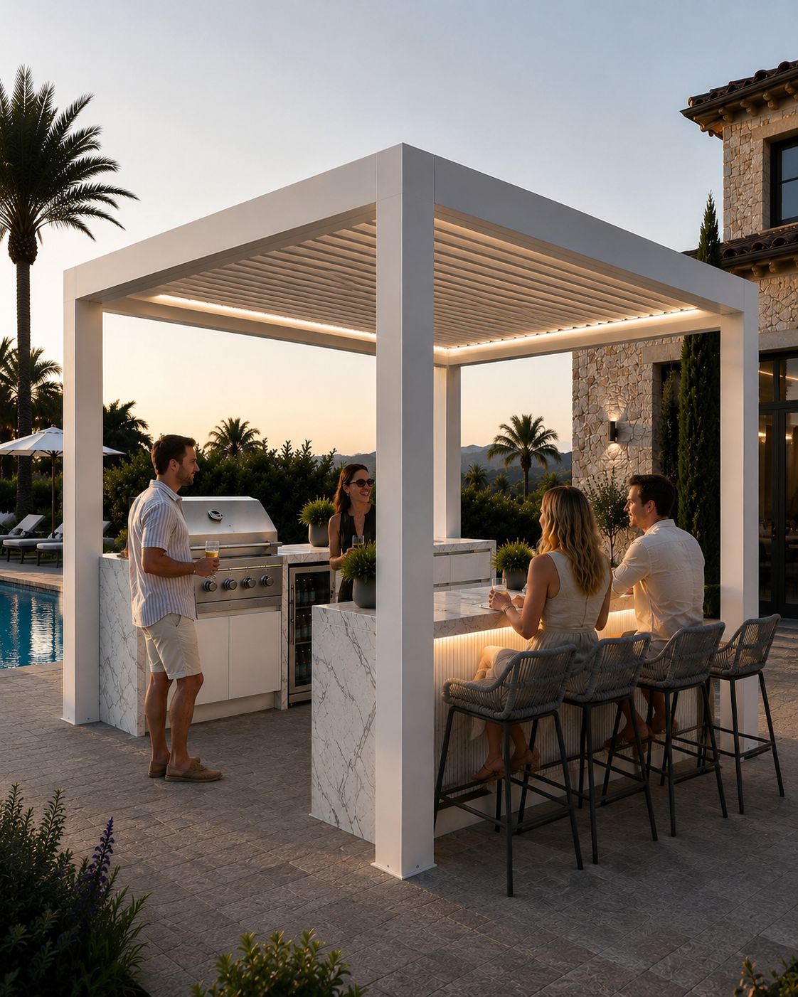 The Aristo Entertainer's Package - integrated island bar with outdoor kitchen and pergola