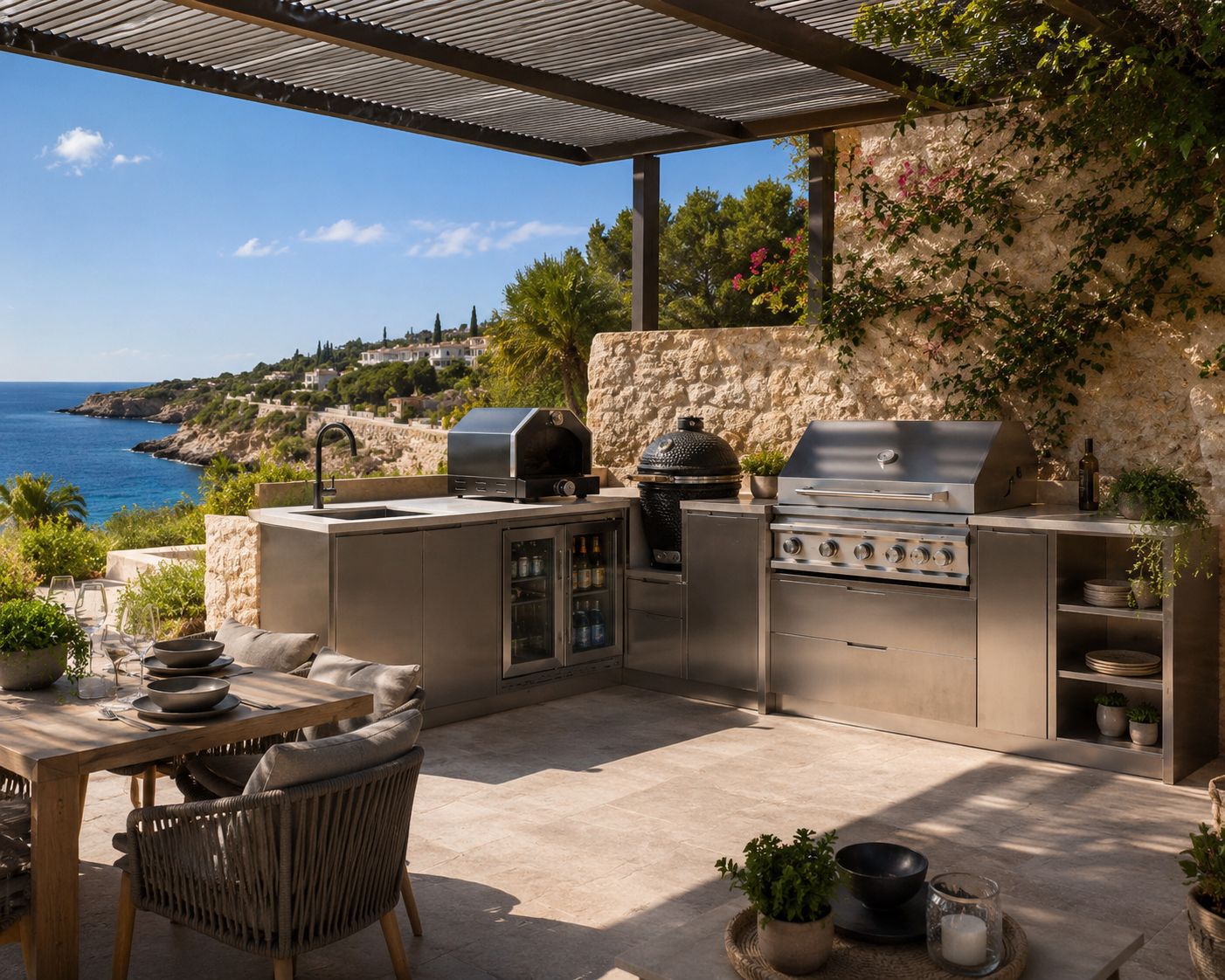 Modern louvred pergola overlooking the Mediterranean sea at sunset