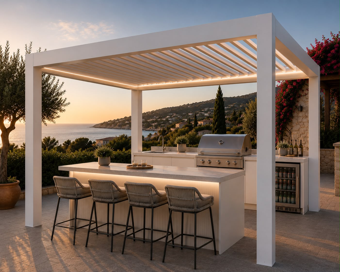 White louvred pergola with sintered stone bar and coastal sunset view